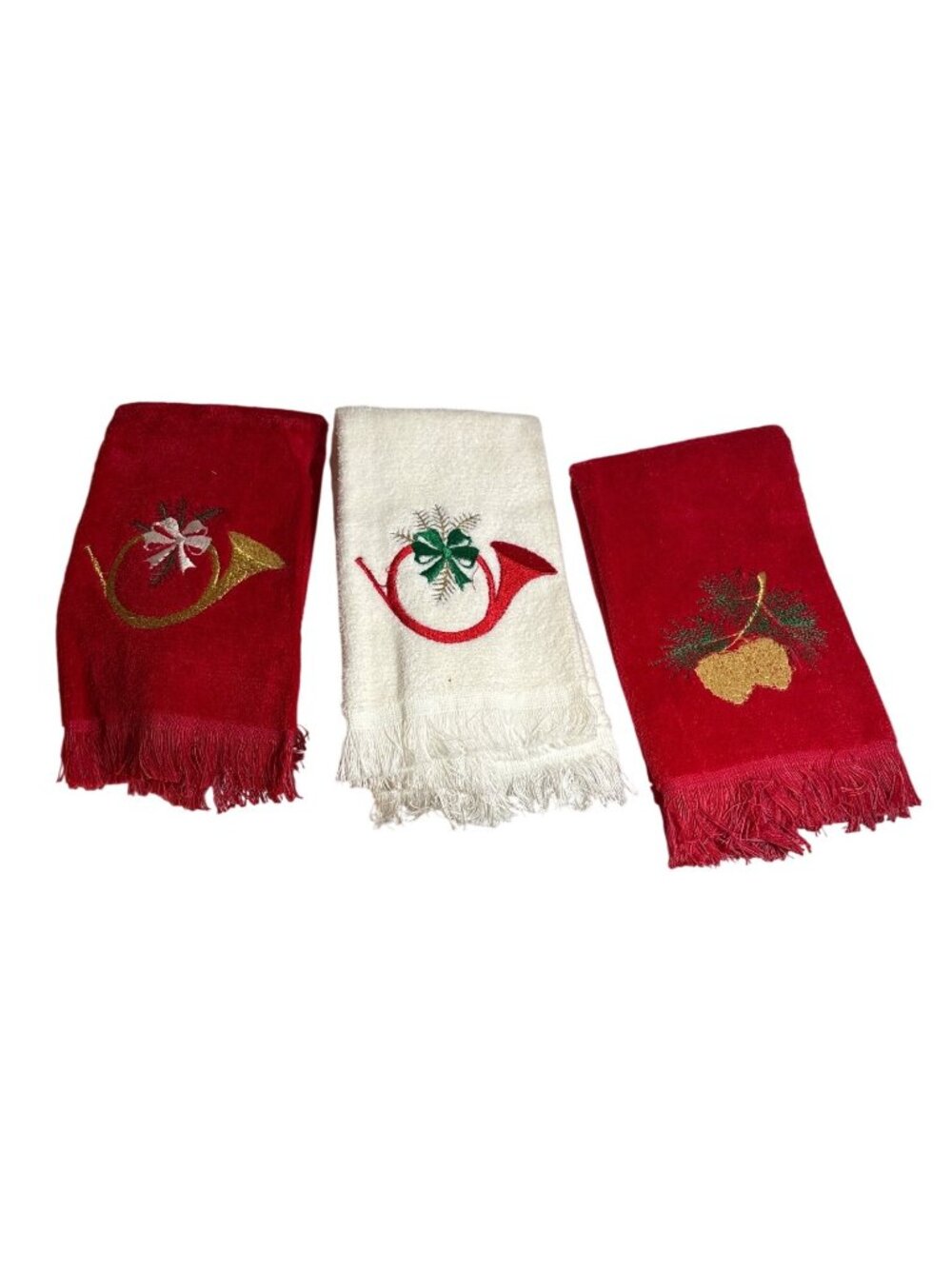 3 Holiday Themed Cotton Hand Towels Embroidered Fringe Lot of 3 Browns Cambridge
